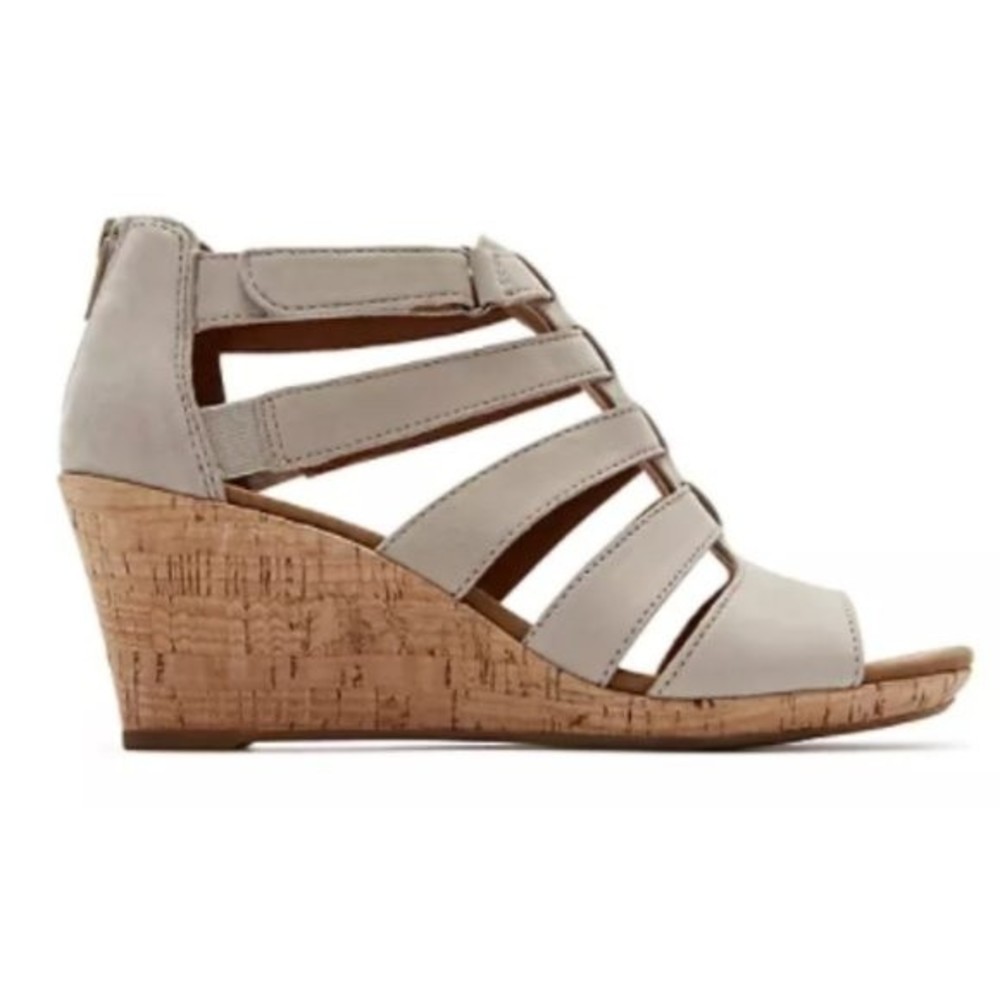 Rockport Womens Size‎ 10 Briah Taupe Leather Gladiator Wedges Sandals Shoes